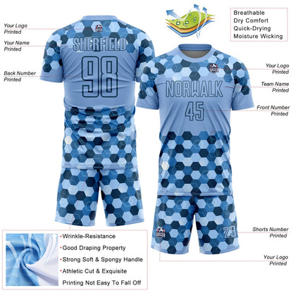 Custom Light Blue Black Geometric Shapes Sublimation Soccer Uniform Jersey - Sky-Custom