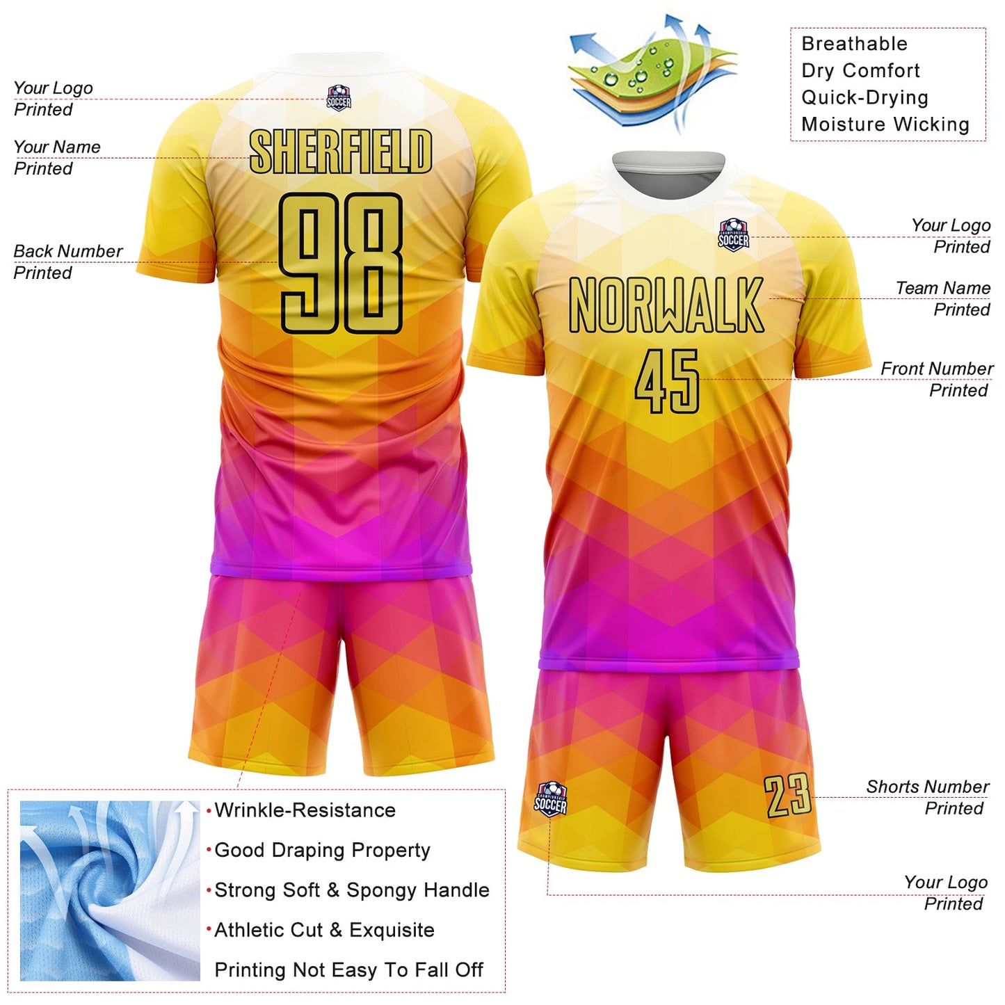 Custom Yellow Hot Pink-Black Geometric Shapes Sublimation Soccer Uniform Jersey - Sky-Custom