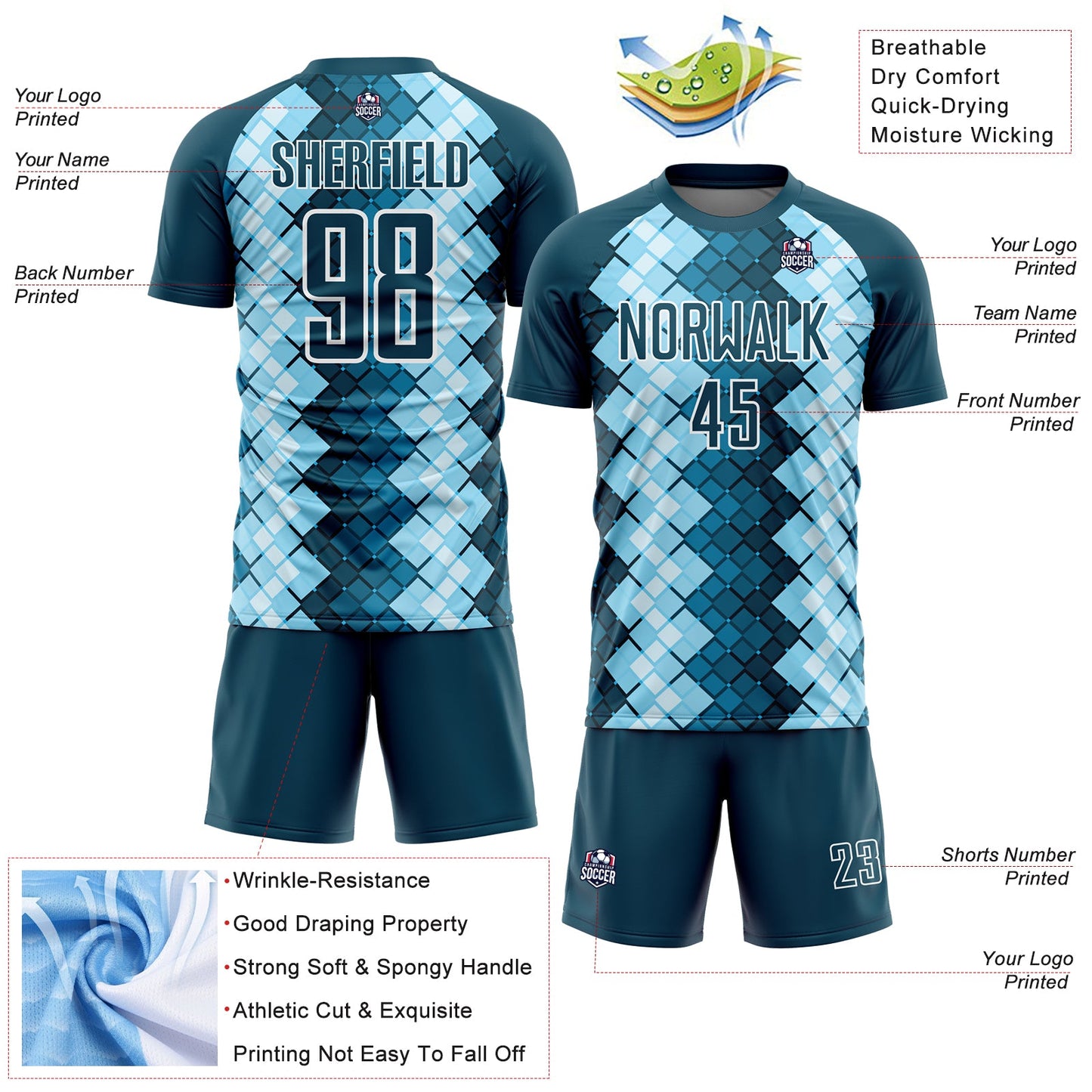 Custom US Navy Blue White Geometric Shapes Sublimation Soccer Uniform Jersey - Sky-Custom