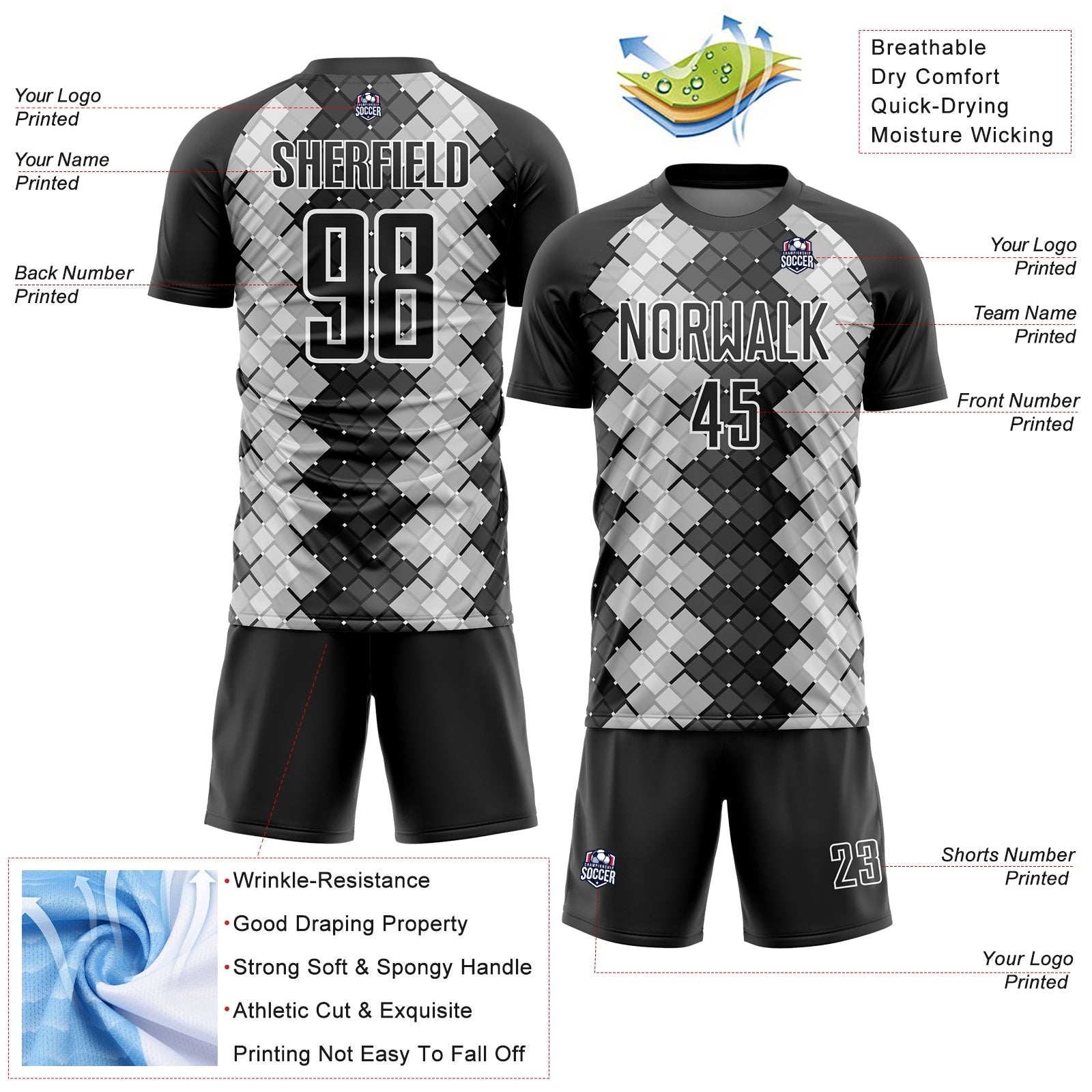 Custom Black White Geometric Shapes Sublimation Soccer Uniform Jersey - Sky-Custom