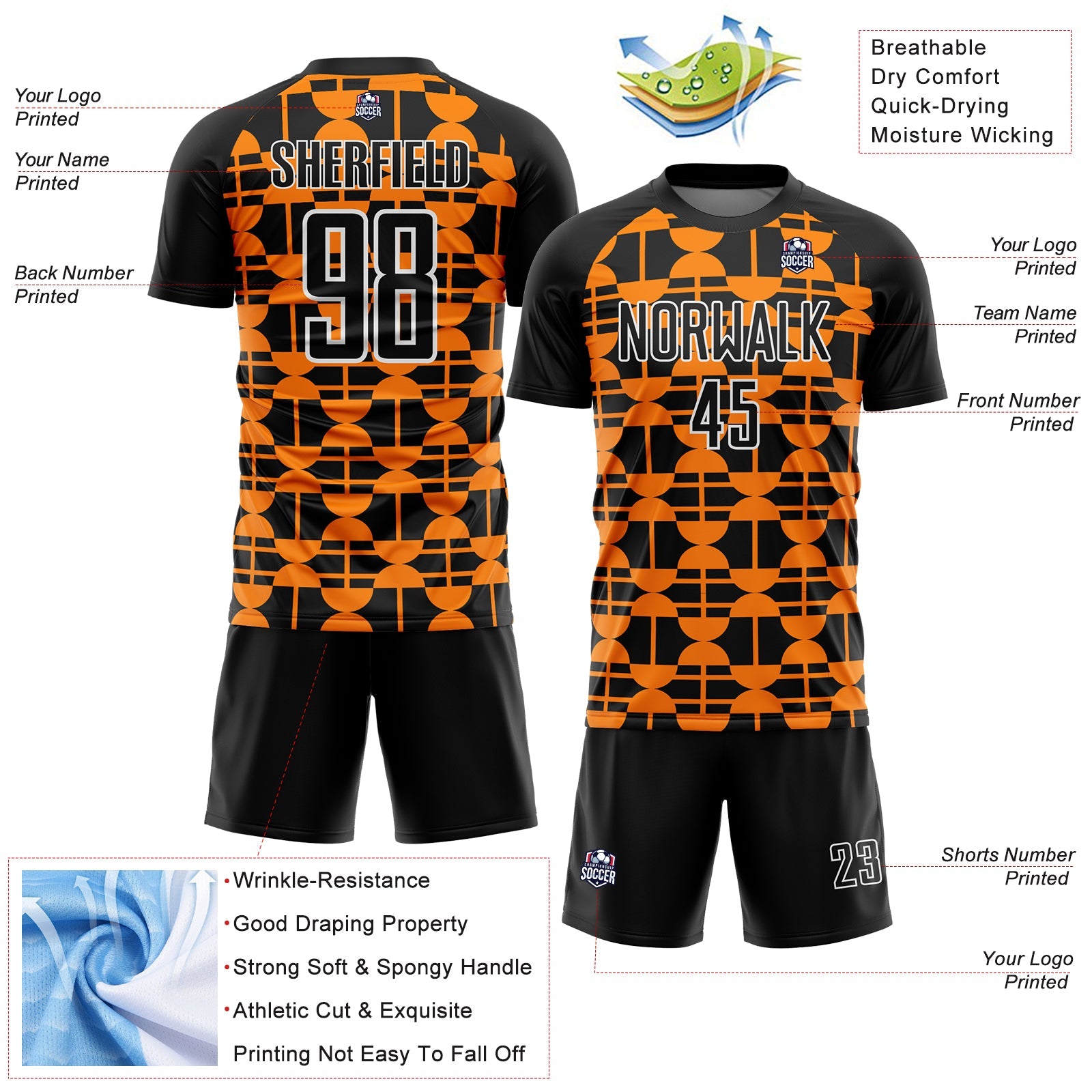 Custom Black Bay Orange-White Geometric Shapes Sublimation Soccer Uniform Jersey - Sky-Custom