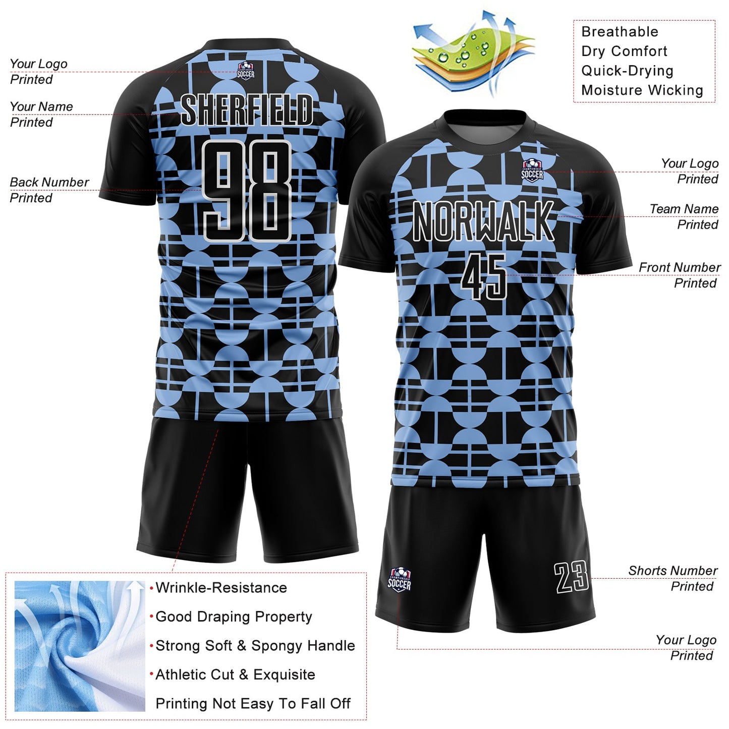 Custom Black Light Blue-White Geometric Shapes Sublimation Soccer Uniform Jersey - Sky-Custom