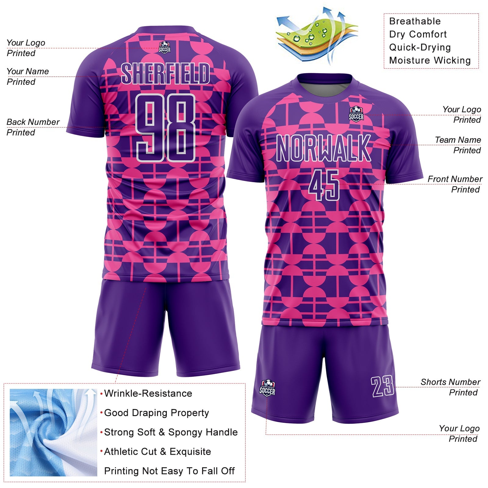 Custom Purple Pink-White Geometric Shapes Sublimation Soccer Uniform Jersey - Sky-Custom
