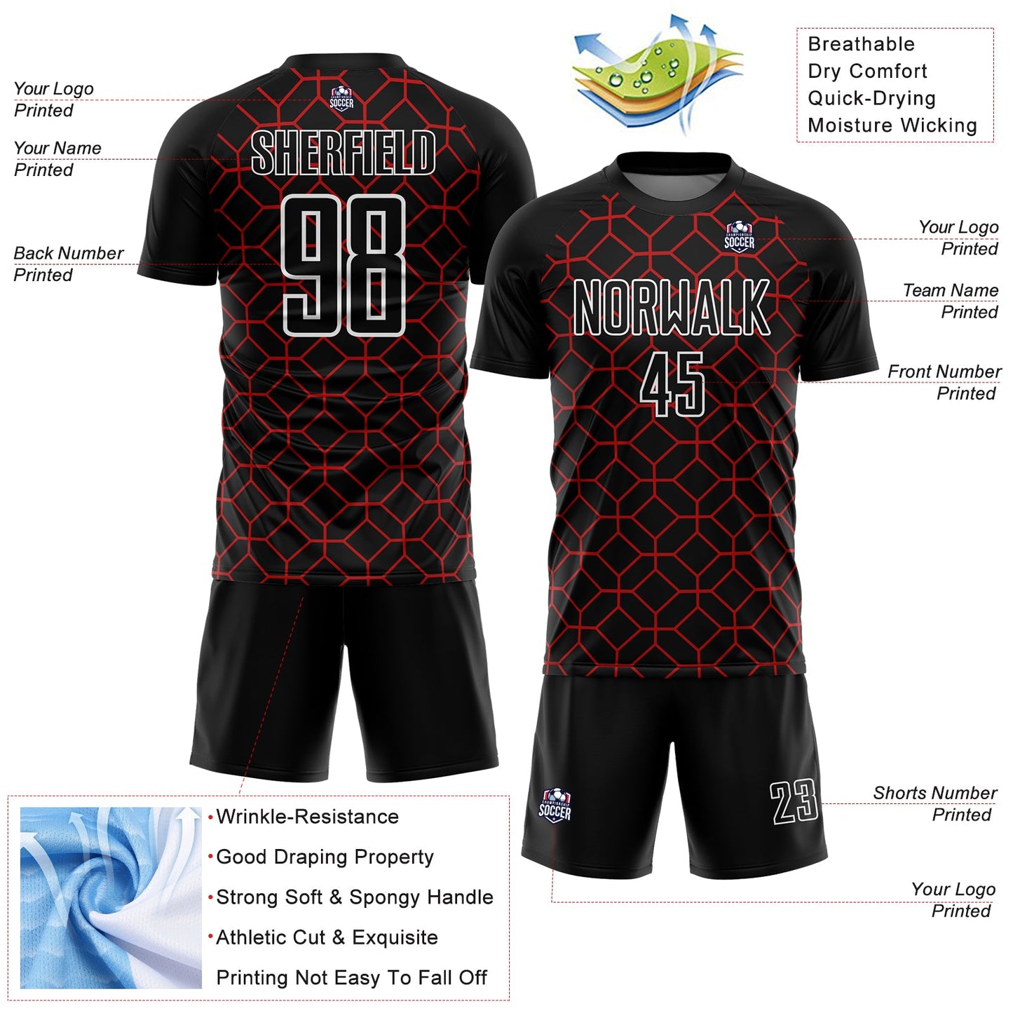 Custom Black Red-White Geometric Shapes Sublimation Soccer Uniform Jersey - Sky-Custom