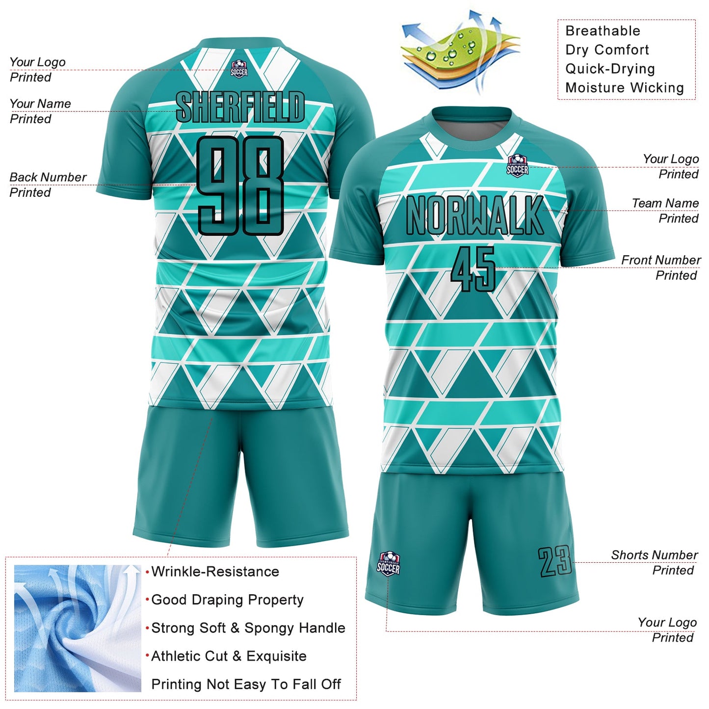 Custom Teal White-Black Geometric Shapes Sublimation Soccer Uniform Jersey - Sky-Custom