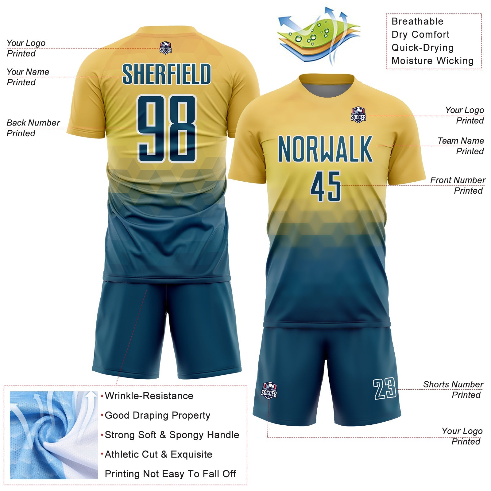 Custom Yellow US Navy Blue-White Geometric Triangle Sublimation Soccer Uniform Jersey - Sky-Custom