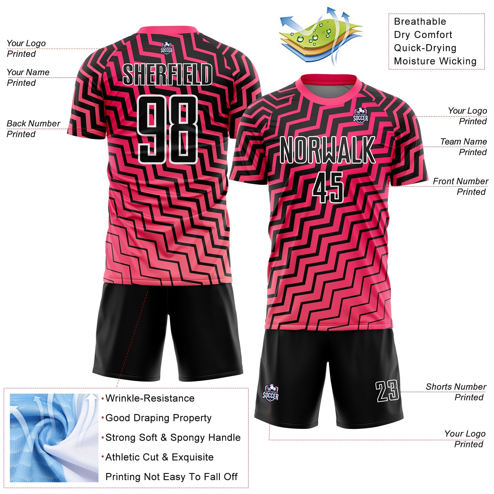 Custom Pink Black-White Geometric Lines Sublimation Soccer Uniform Jersey - Sky-Custom