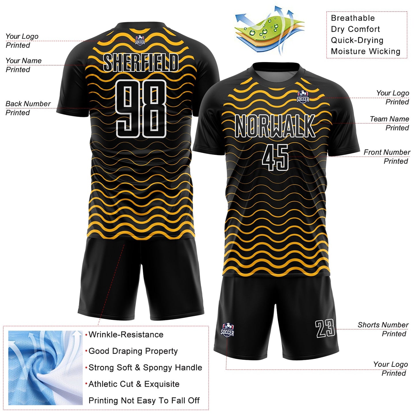 Custom Black Gold-White Geometric Lines Sublimation Soccer Uniform Jersey - Sky-Custom