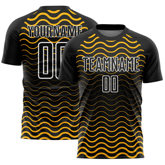 Custom Black Gold-White Geometric Lines Sublimation Soccer Uniform Jersey - Sky-Custom