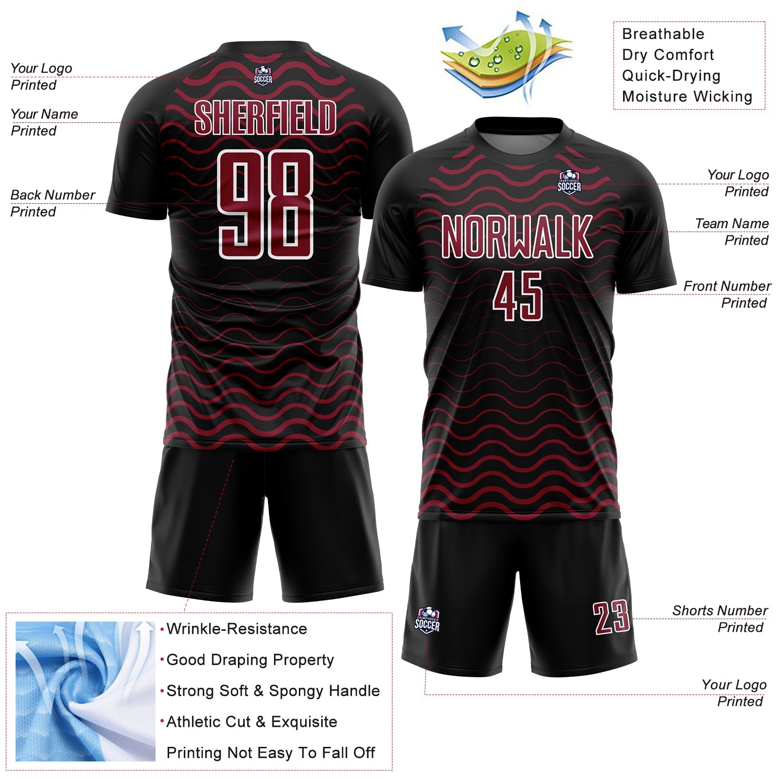 Custom Black Crimson-White Geometric Lines Sublimation Soccer Uniform Jersey - Sky-Custom