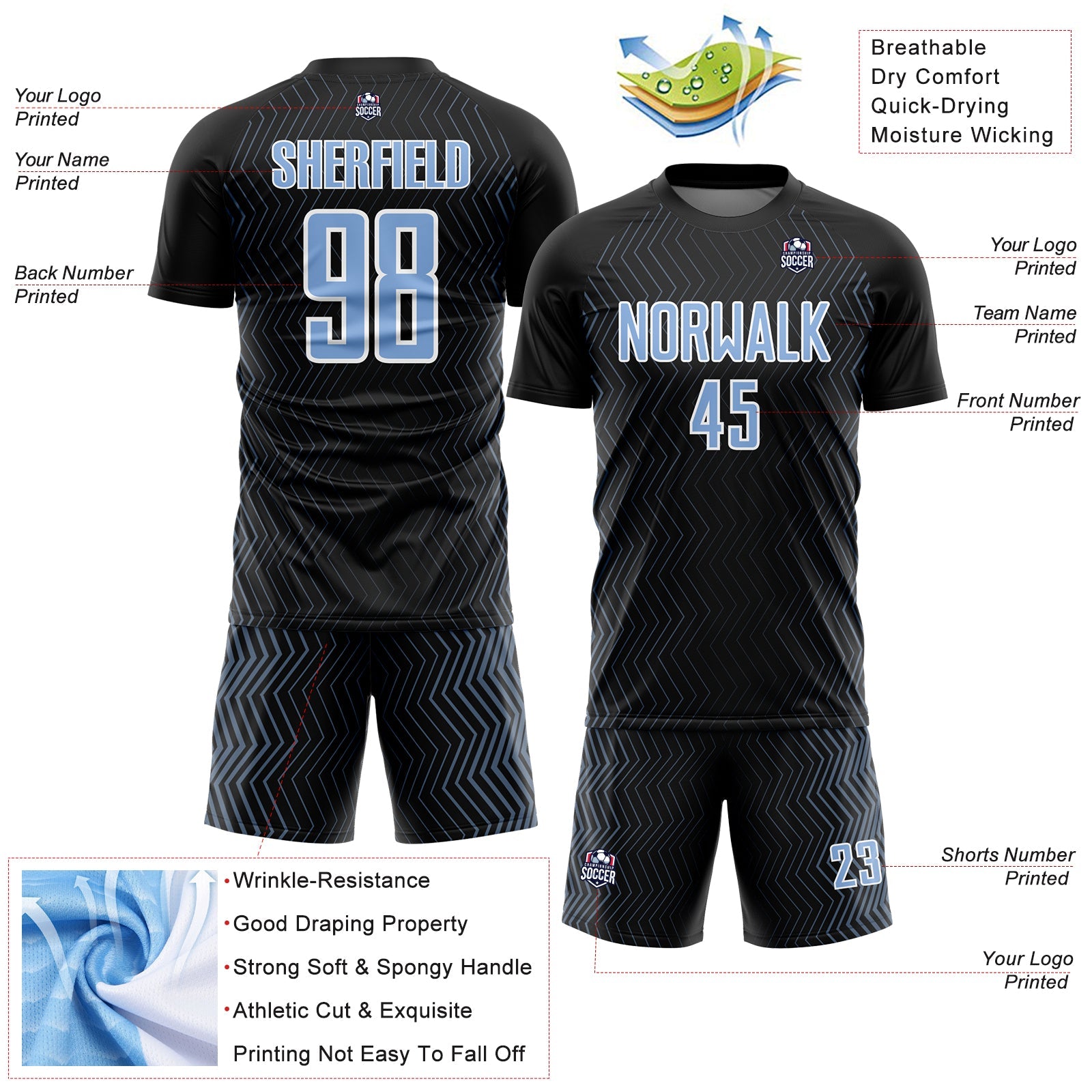 Custom Black Light Blue-White Geometric Lines Sublimation Soccer Uniform Jersey - Sky-Custom