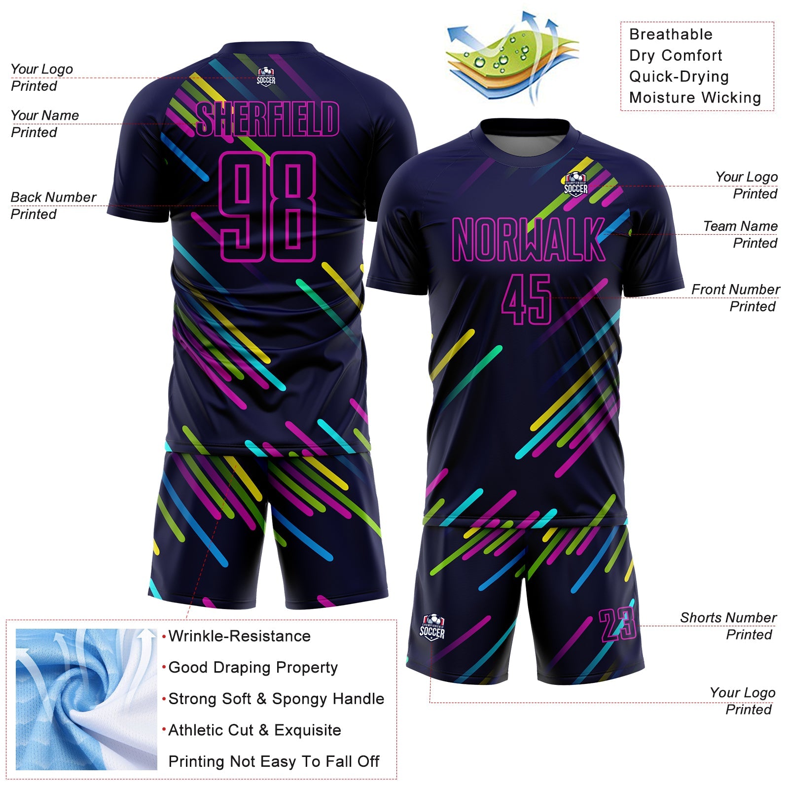 Custom Navy Pink Lines Sublimation Soccer Uniform Jersey - Sky-Custom