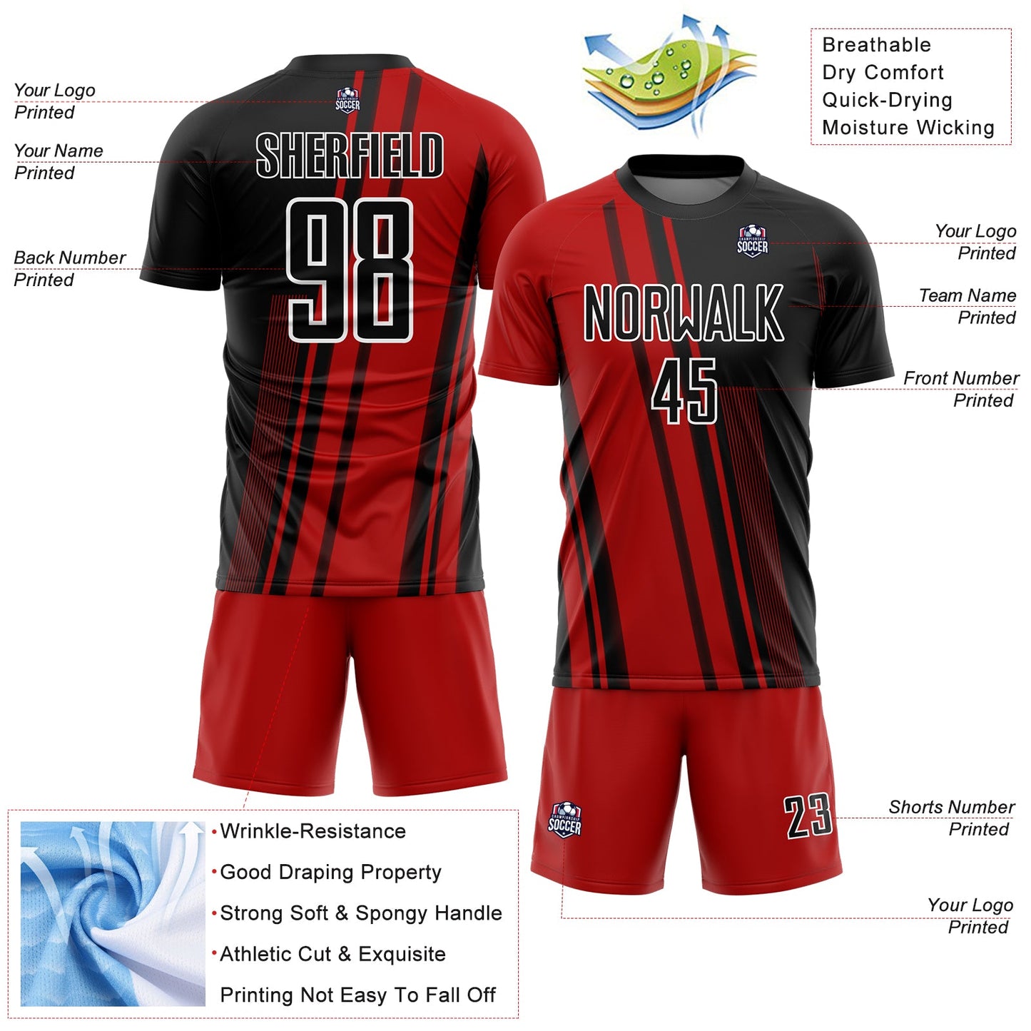 Custom Red Black-White Lines Sublimation Soccer Uniform Jersey - Sky-Custom