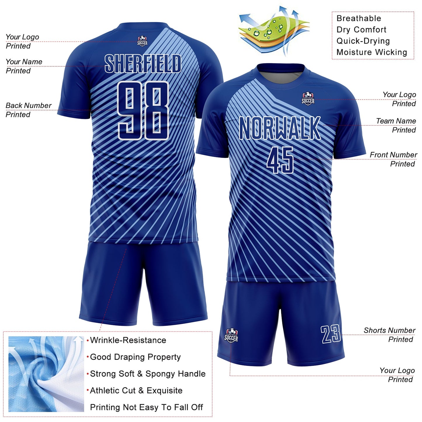 Custom Royal Light Blue-White Lines Sublimation Soccer Uniform Jersey - Sky-Custom