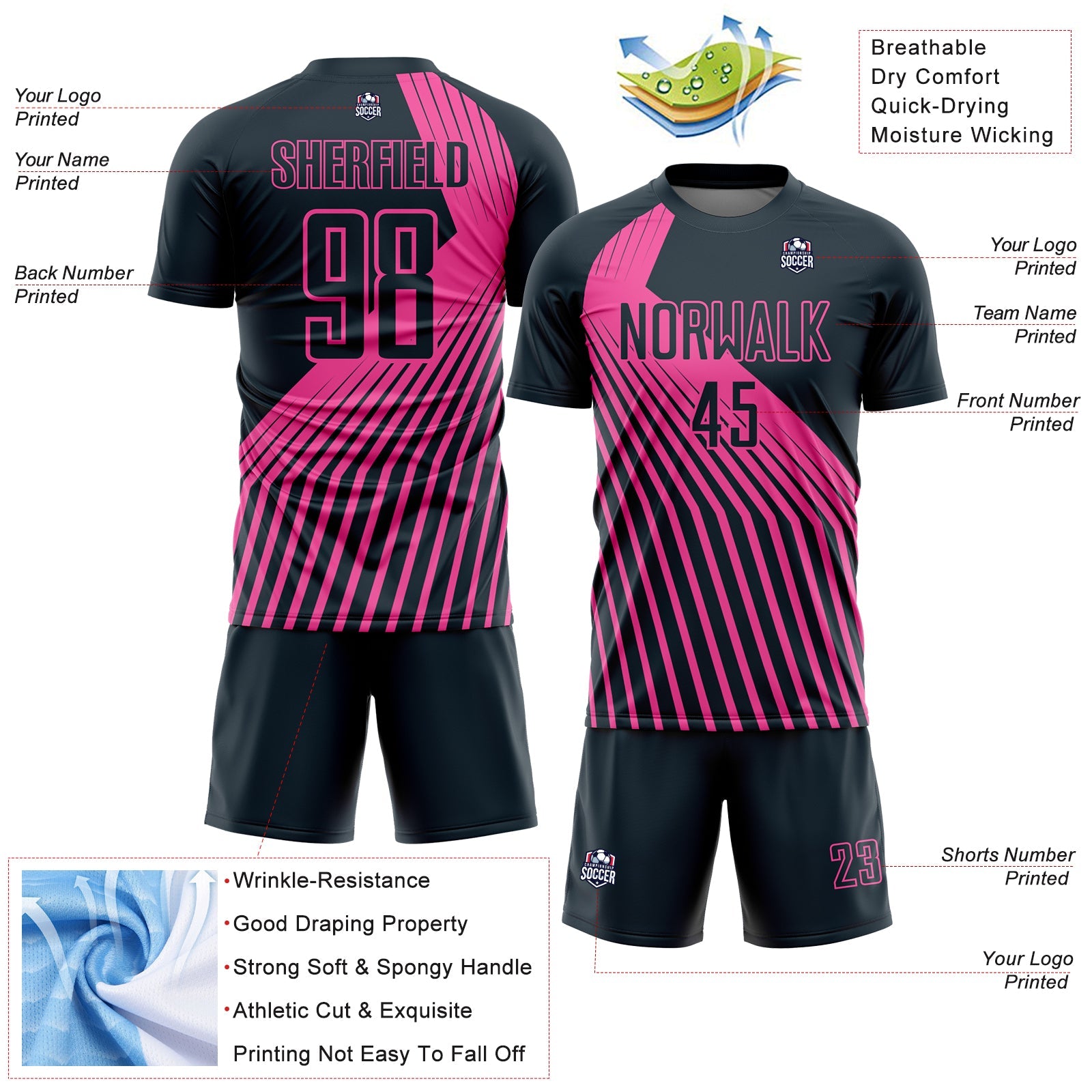 Custom Navy Pink Lines Sublimation Soccer Uniform Jersey - Sky-Custom