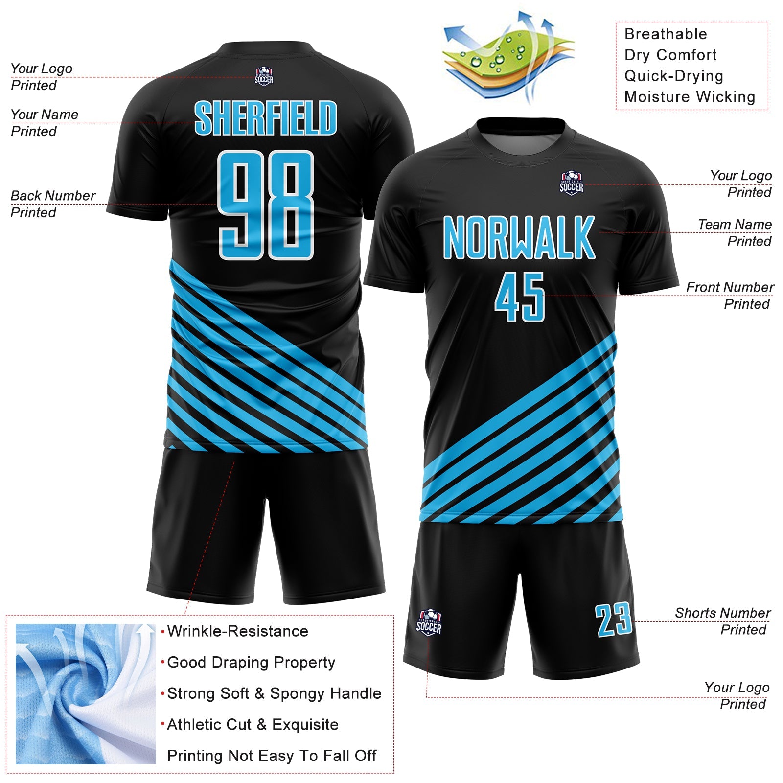 Custom Black Sky Blue-White Lines Sublimation Soccer Uniform Jersey - Sky-Custom