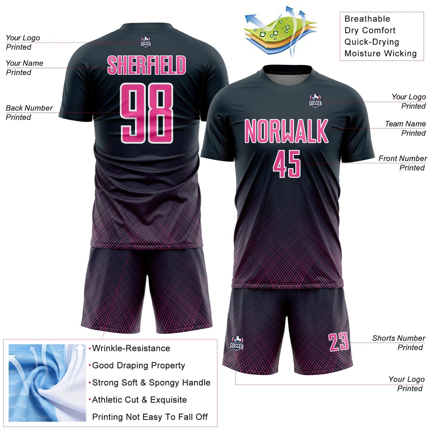 Custom Navy Pink-White Lines Sublimation Soccer Uniform Jersey - Sky-Custom