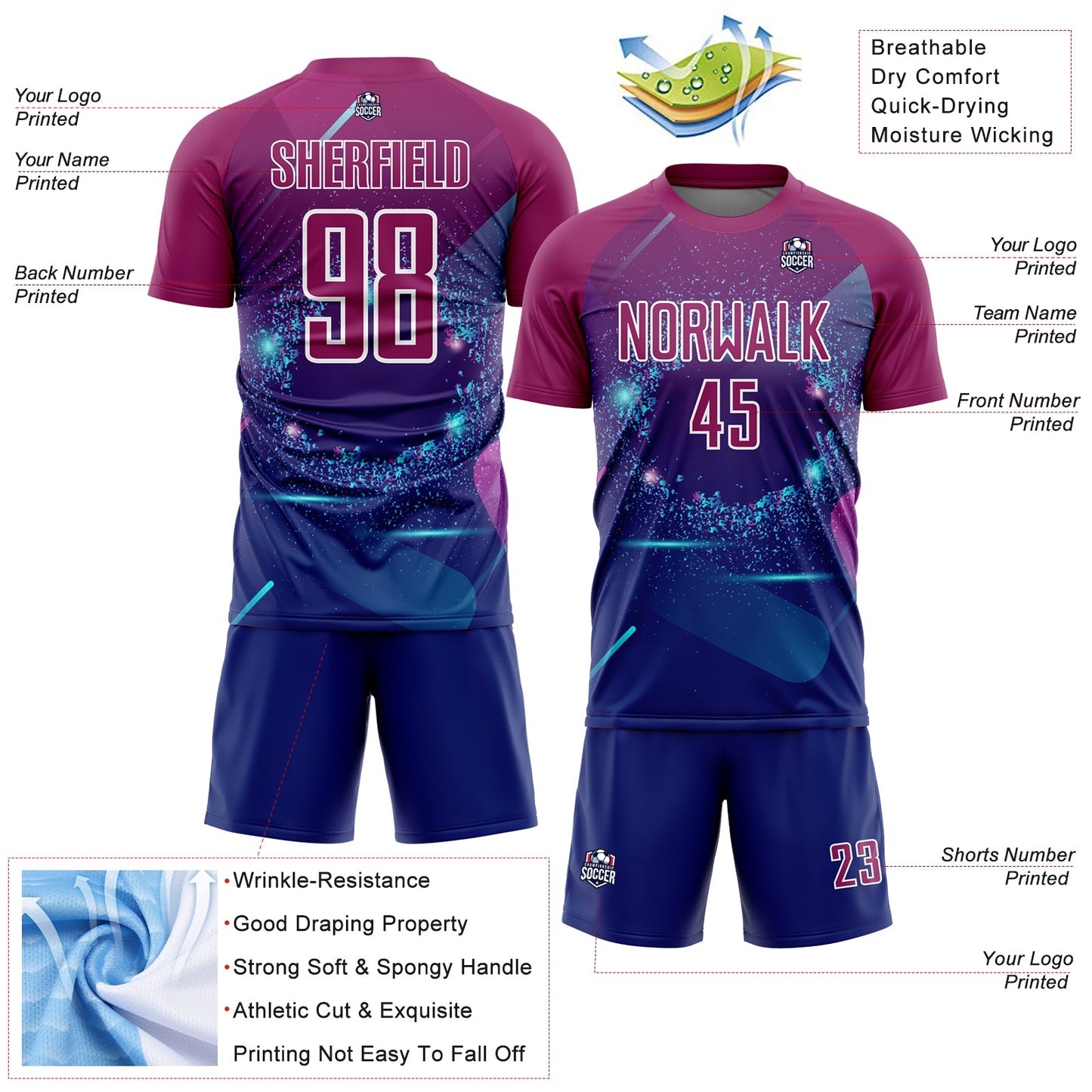 Custom Royal Purple-White Stars And Lines Sublimation Soccer Uniform Jersey - Sky-Custom
