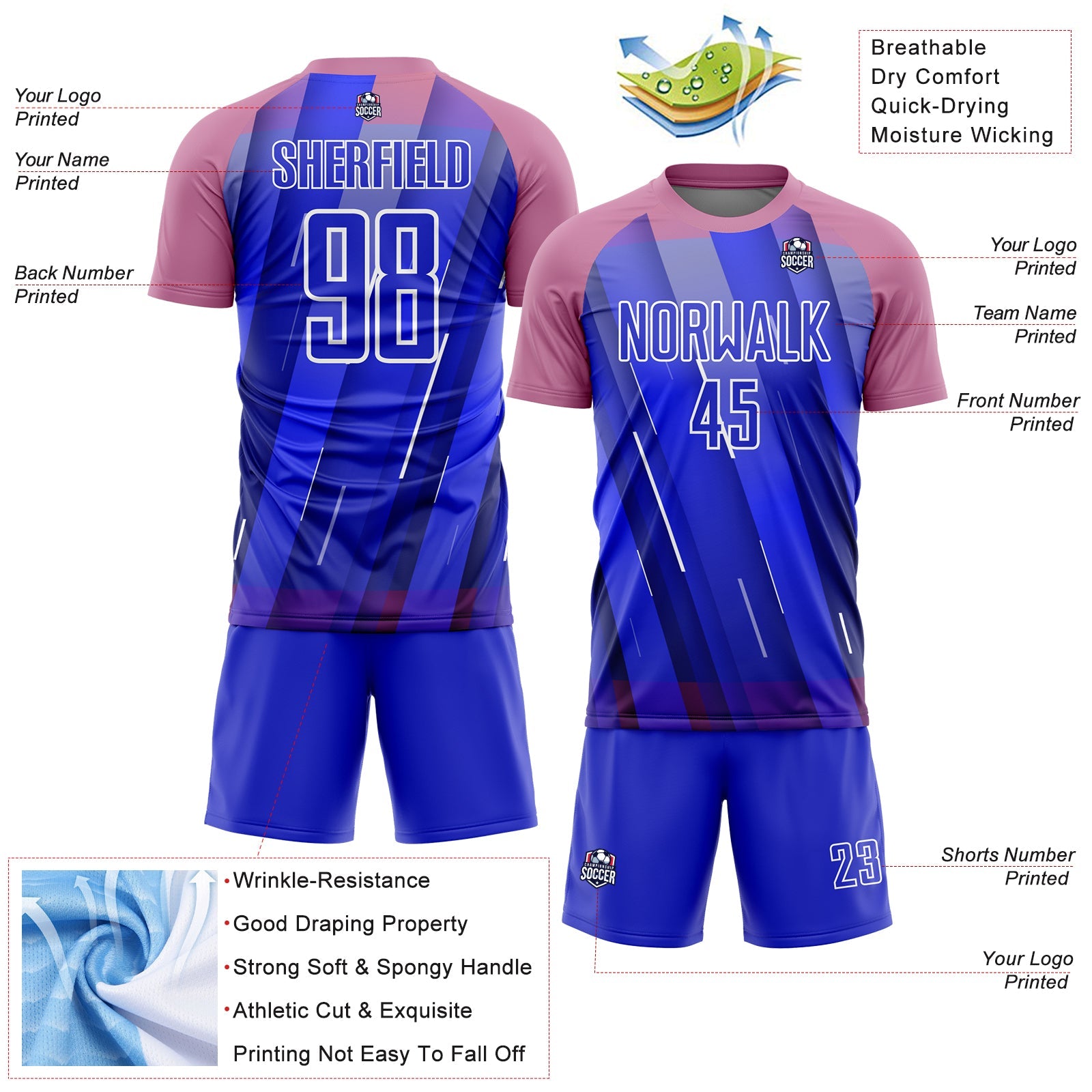 Custom Royal Medium Pink-White Lines Sublimation Soccer Uniform Jersey - Sky-Custom