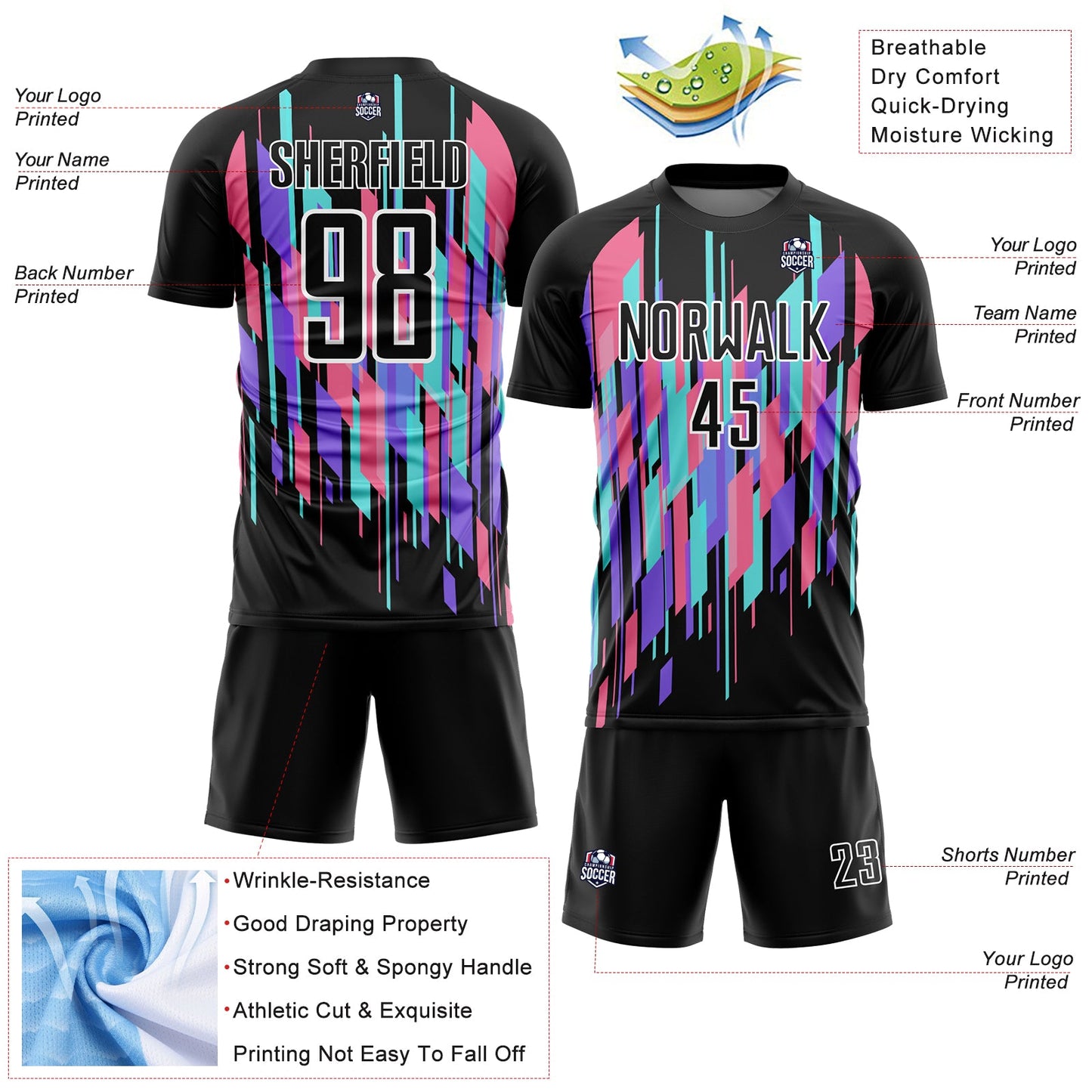 Custom Black White Geometric Shapes Sublimation Soccer Uniform Jersey - Sky-Custom