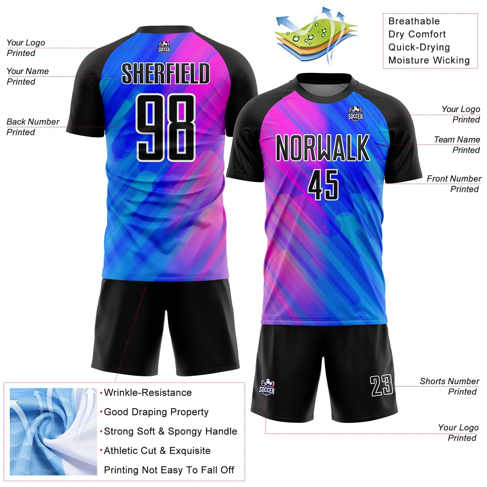 Custom Royal Black-Pink Lines Sublimation Soccer Uniform Jersey - Sky-Custom