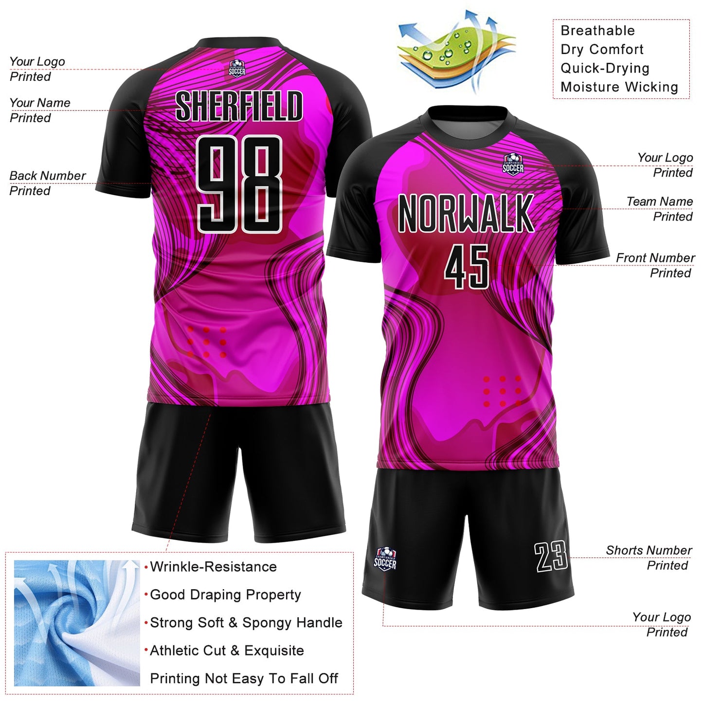 Custom Hot Pink Black-White Waves Sublimation Soccer Uniform Jersey - Sky-Custom