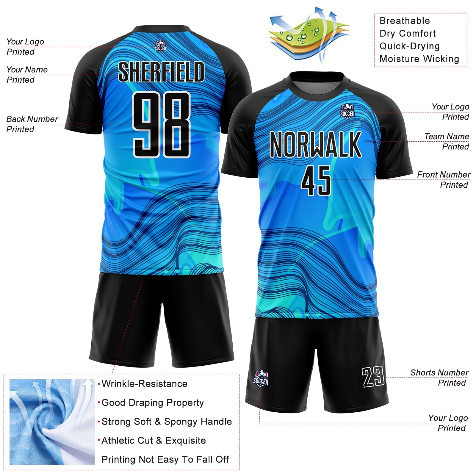 Custom Sky Blue Black-White Waves Sublimation Soccer Uniform Jersey - Sky-Custom