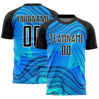 Custom Sky Blue Black-White Waves Sublimation Soccer Uniform Jersey - Sky-Custom