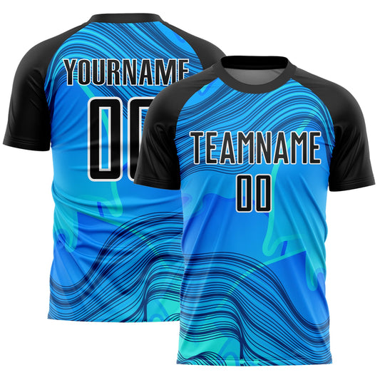 Custom Sky Blue Black-White Waves Sublimation Soccer Uniform Jersey - Sky-Custom