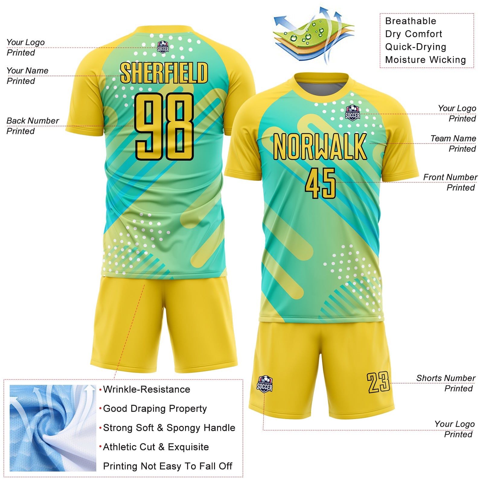 Custom Pea Green Yellow-Black Abstract Shapes Sublimation Soccer Uniform Jersey - Sky-Custom