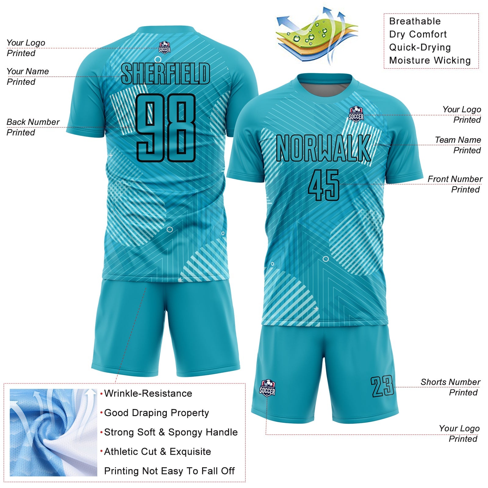 Custom Aqua Black Lines Sublimation Soccer Uniform Jersey - Sky-Custom