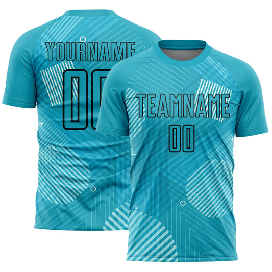 Custom Aqua Black Lines Sublimation Soccer Uniform Jersey - Sky-Custom