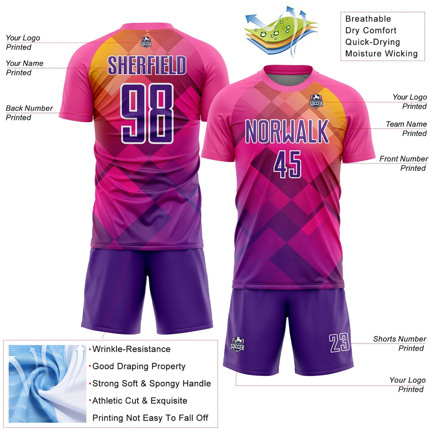Custom Pink Purple-White Geometric Shapes Sublimation Soccer Uniform Jersey - Sky-Custom