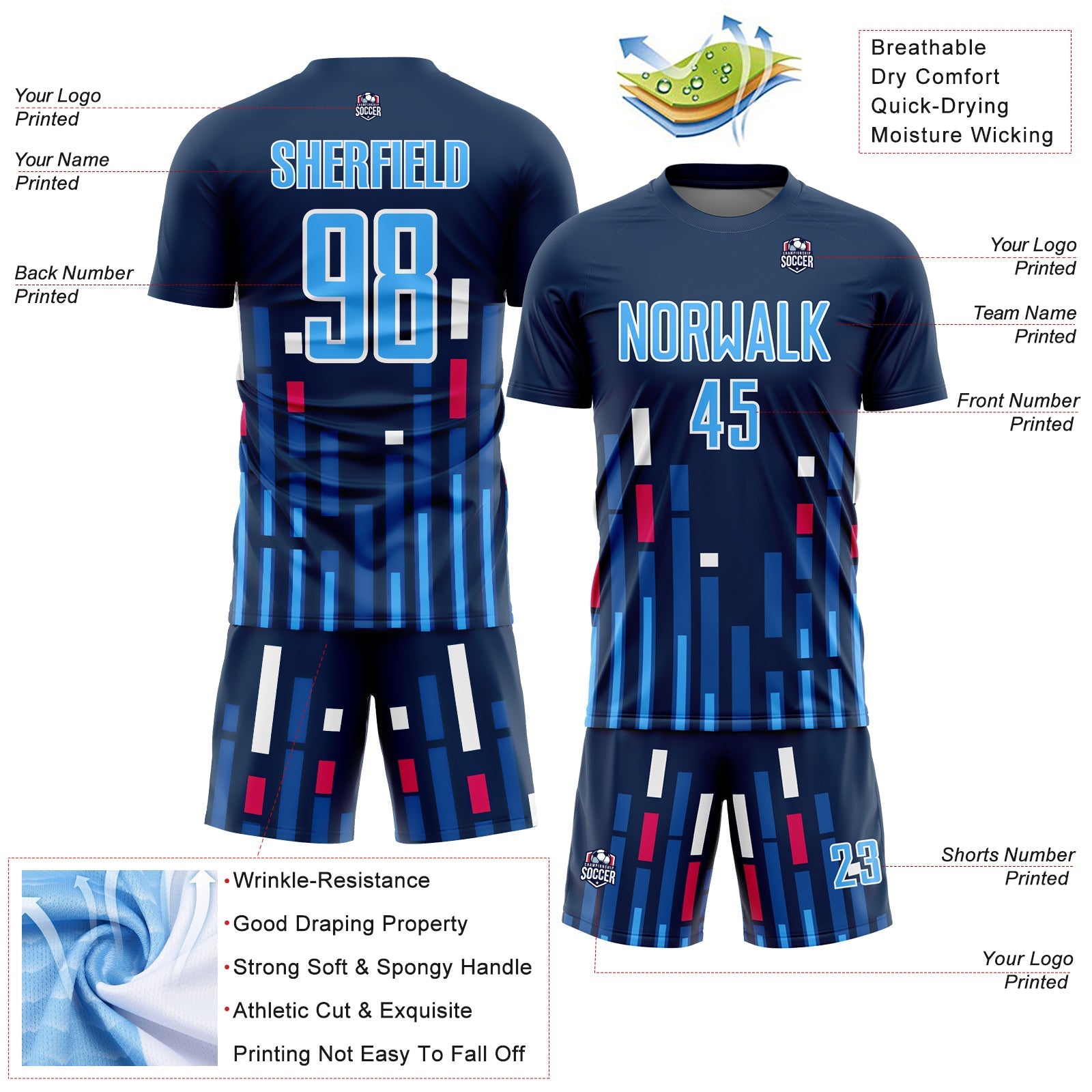Custom US Navy Blue Sky Blue-White Lines Sublimation Soccer Uniform Jersey - Sky-Custom