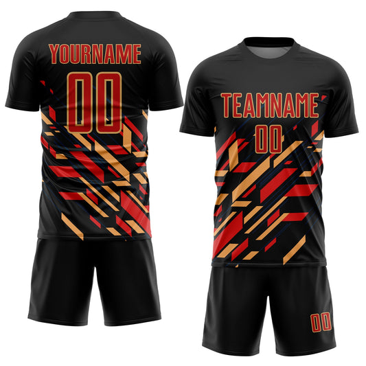 Custom Black Red-Old Gold Lines Sublimation Soccer Uniform Jersey - Sky-Custom
