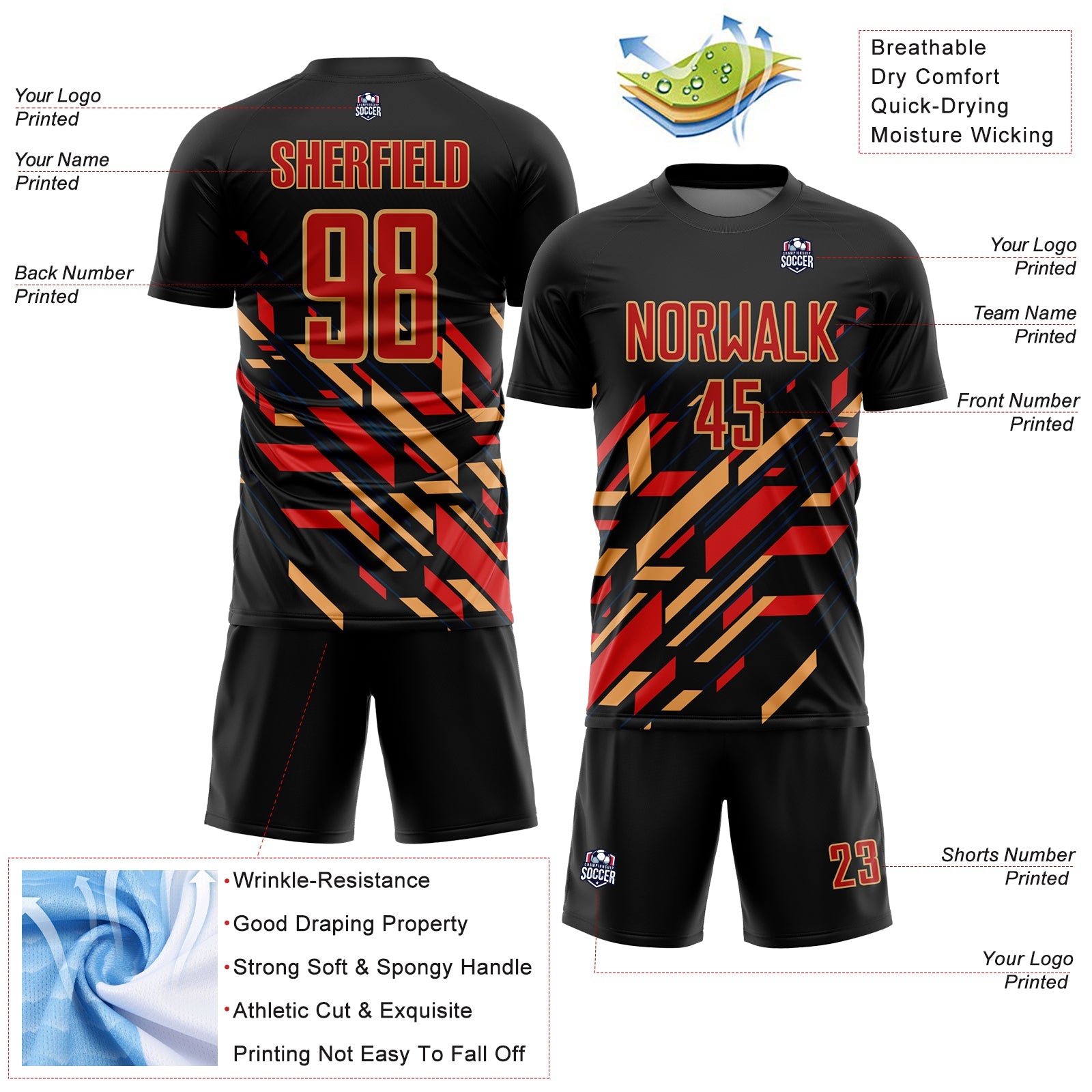 Custom Black Red-Old Gold Lines Sublimation Soccer Uniform Jersey - Sky-Custom