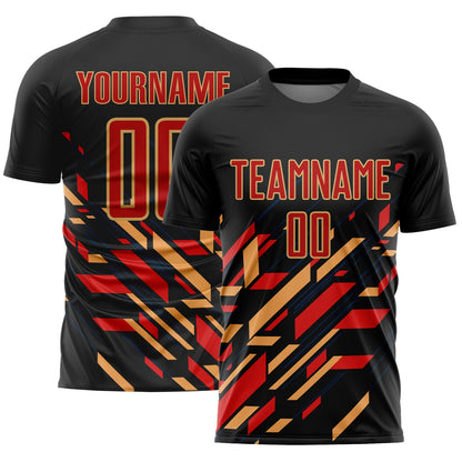 Custom Black Red-Old Gold Lines Sublimation Soccer Uniform Jersey - Sky-Custom