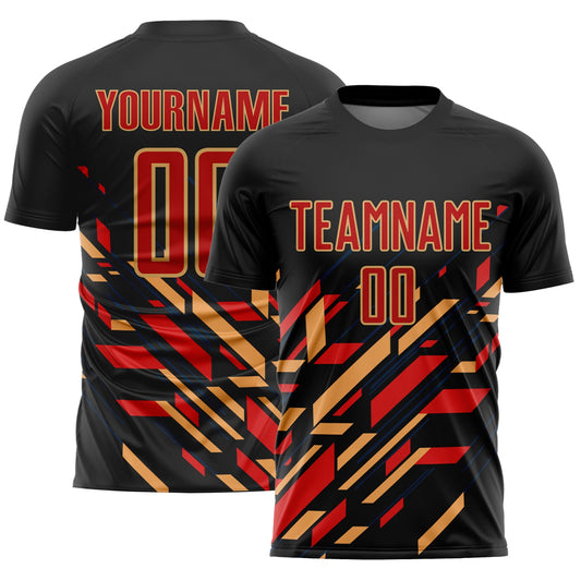 Custom Black Red-Old Gold Lines Sublimation Soccer Uniform Jersey - Sky-Custom