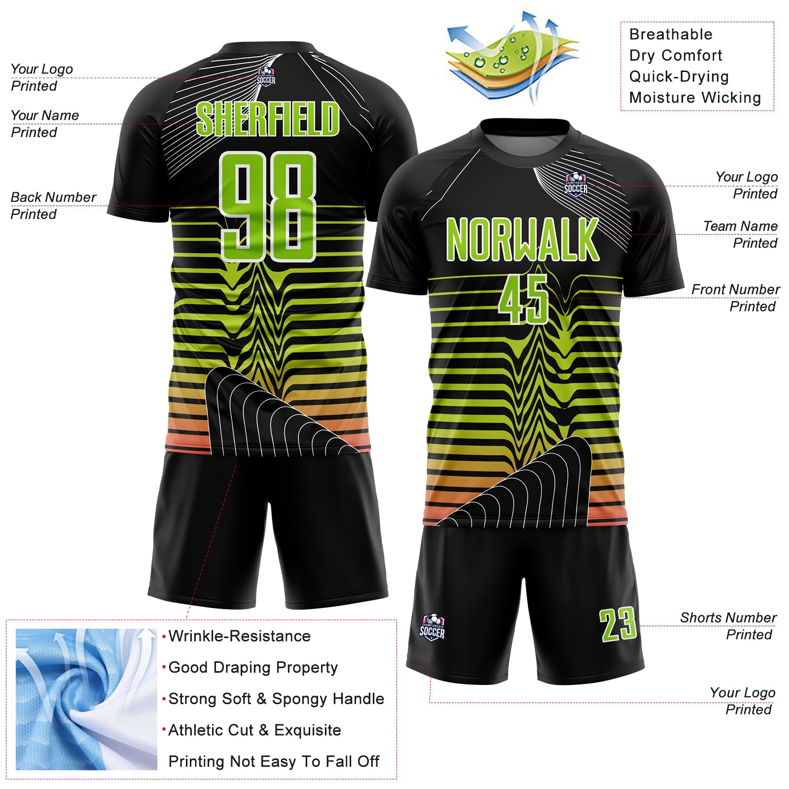Custom Black Neon Green-White Lines Sublimation Soccer Uniform Jersey - Sky-Custom