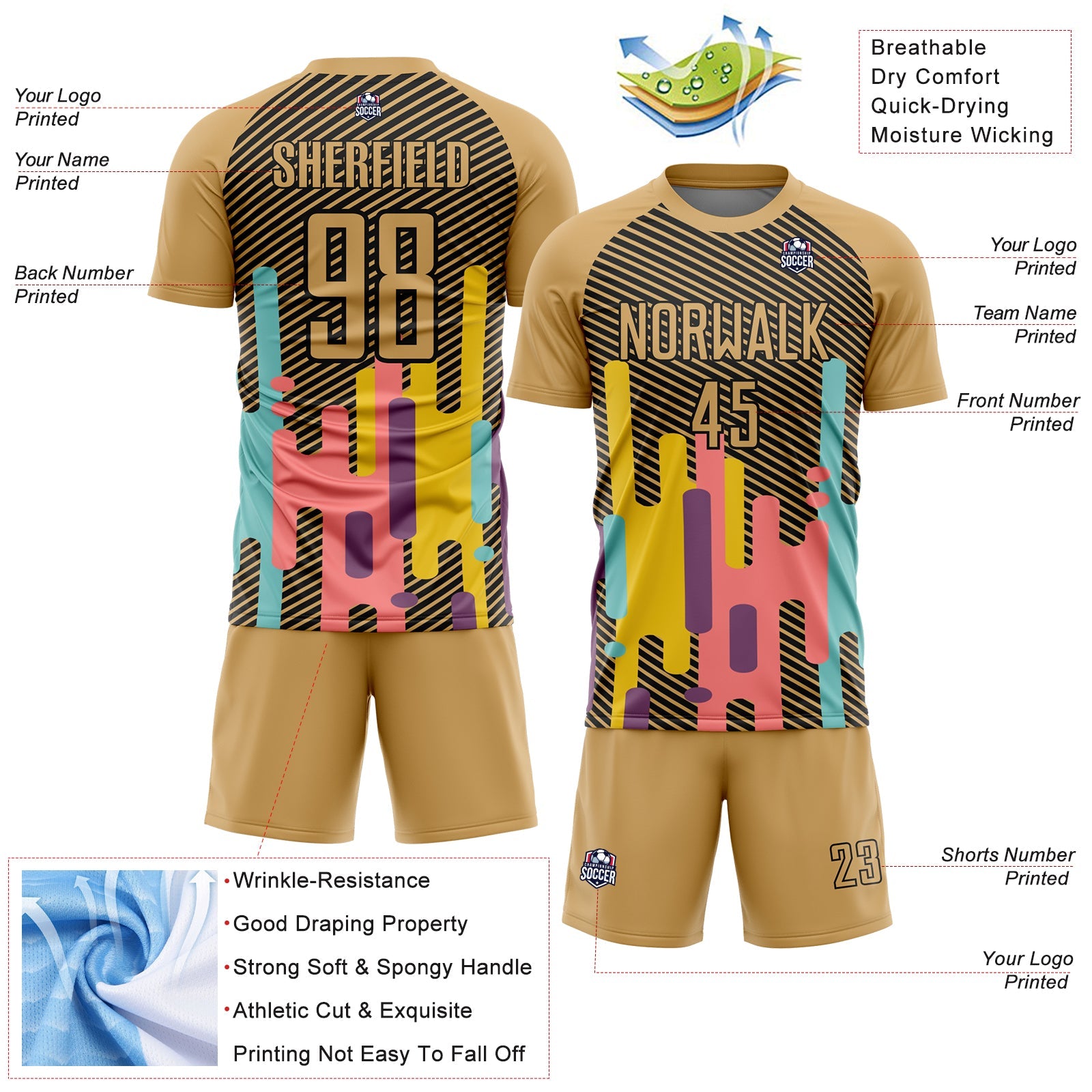 Custom Old Gold Black Lines Sublimation Soccer Uniform Jersey - Sky-Custom