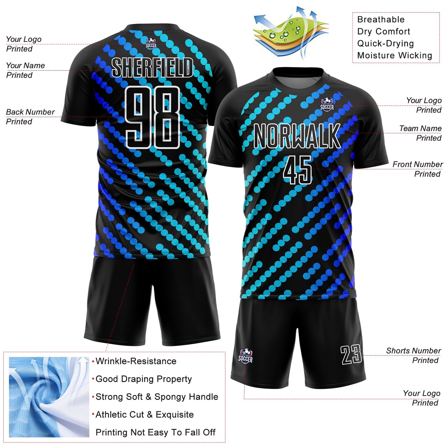 Custom Black Sky Blue-Royal Lines Sublimation Soccer Uniform Jersey - Sky-Custom
