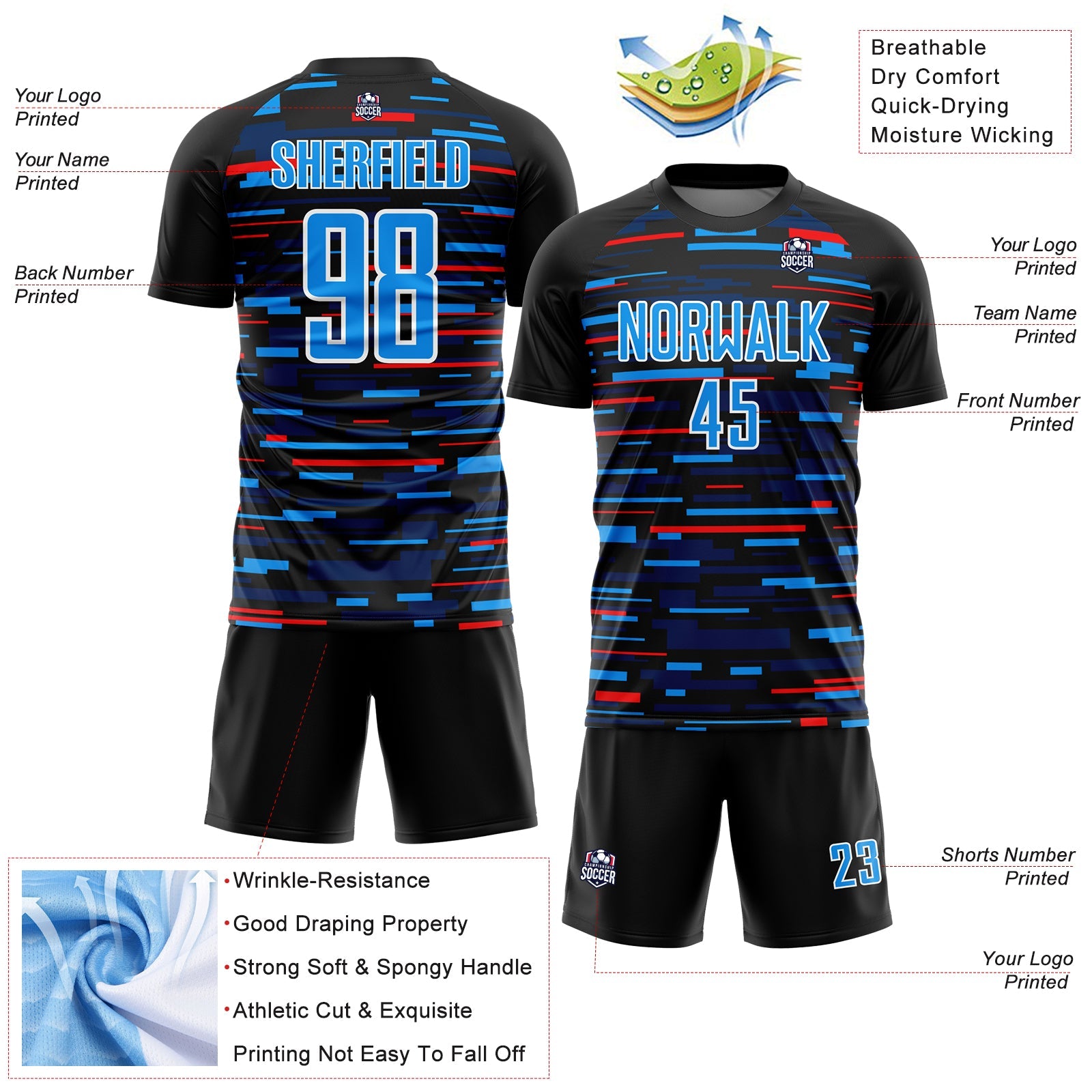 Custom Black Sky Blue-White Lines Sublimation Soccer Uniform Jersey - Sky-Custom