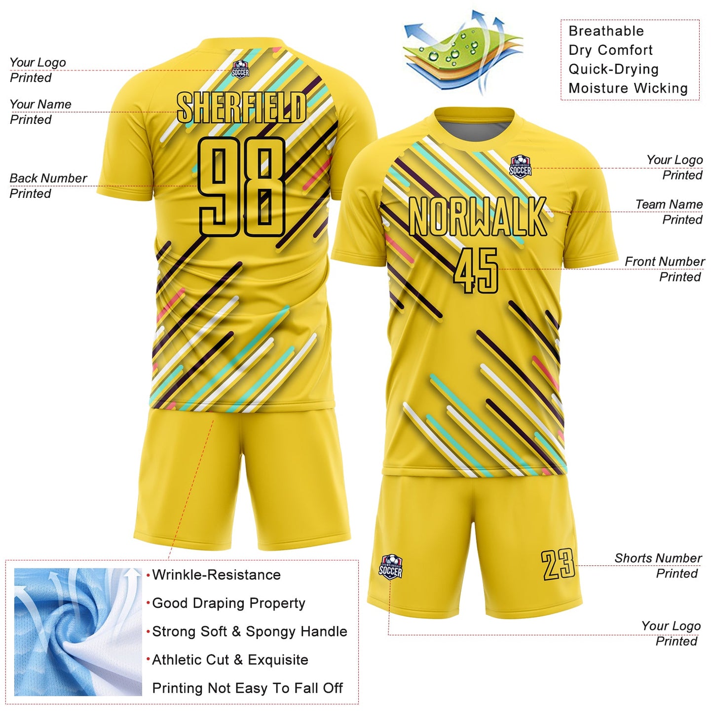 Custom Yellow Black Lines Sublimation Soccer Uniform Jersey - Sky-Custom
