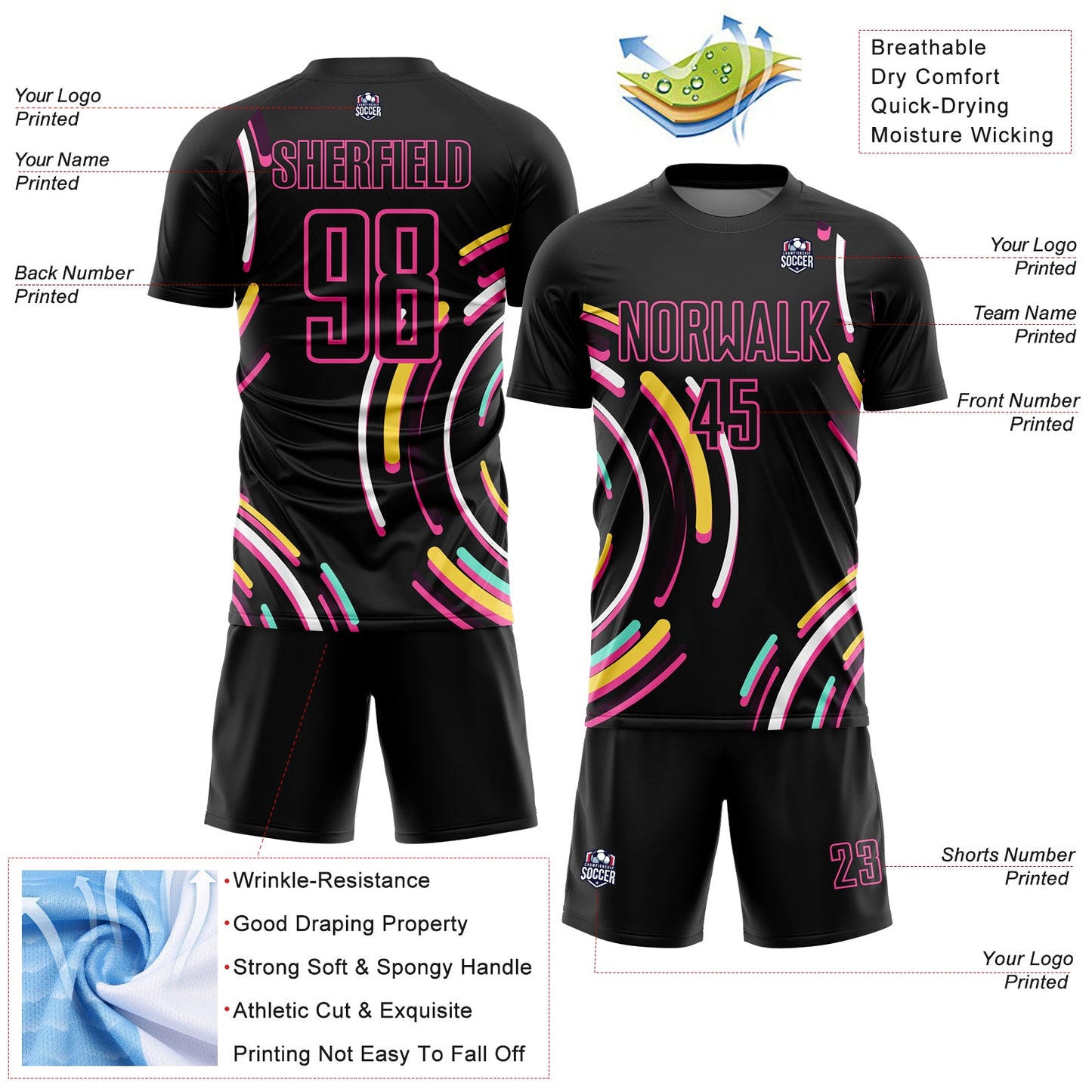 Custom Black Pink Lines Sublimation Soccer Uniform Jersey - Sky-Custom