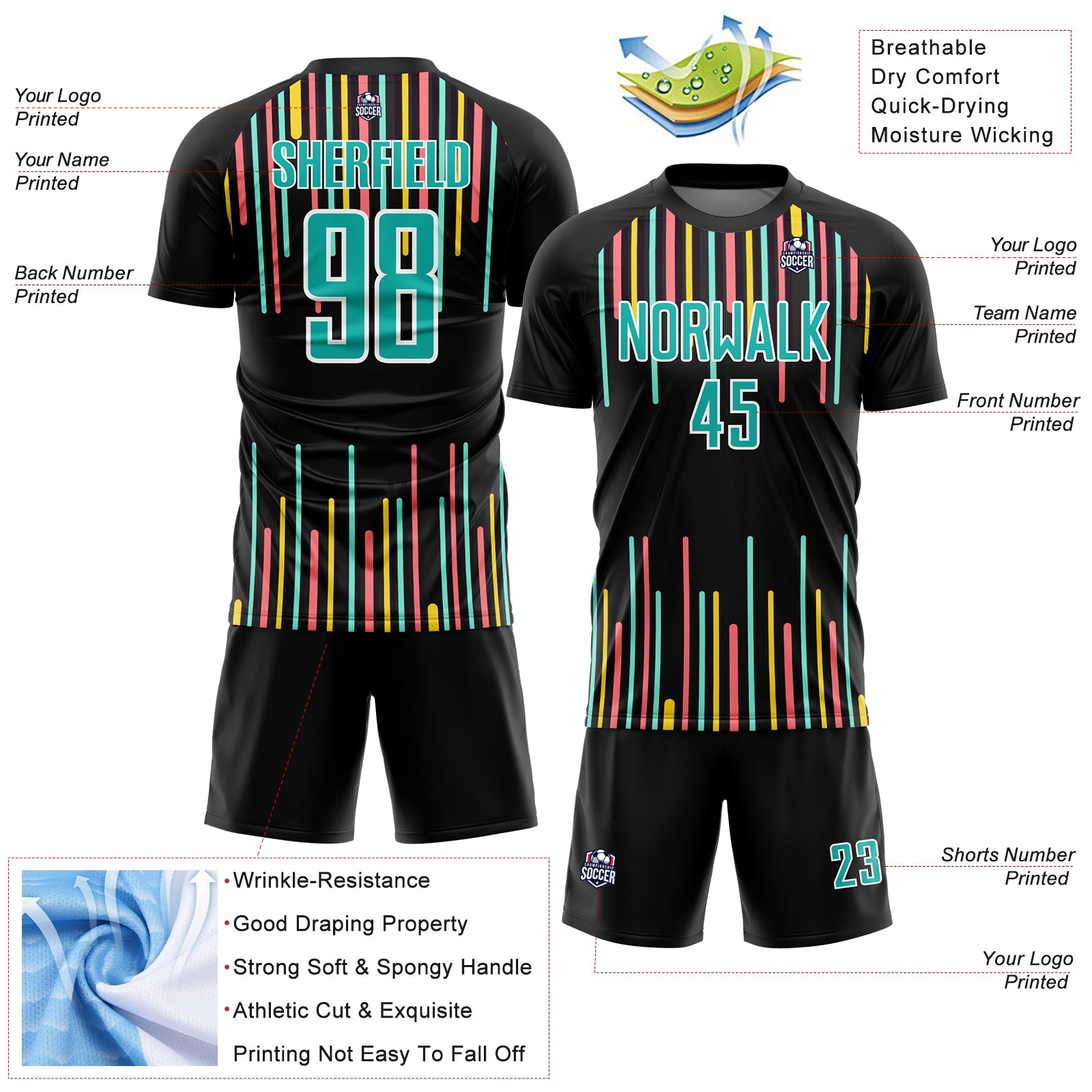 Custom Black Aqua-White Lines Sublimation Soccer Uniform Jersey - Sky-Custom