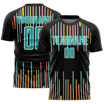 Custom Black Aqua-White Lines Sublimation Soccer Uniform Jersey - Sky-Custom