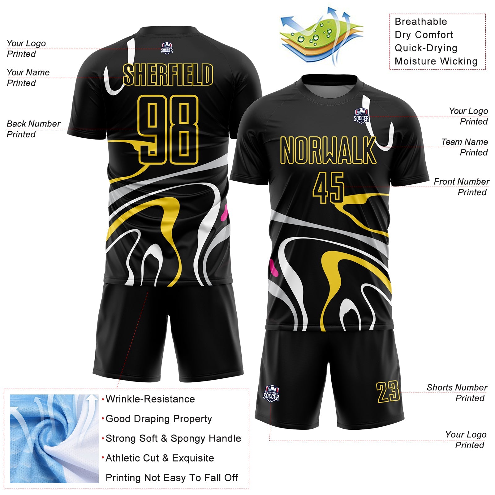 Custom Black Gold Fluid Shapes Sublimation Soccer Uniform Jersey - Sky-Custom