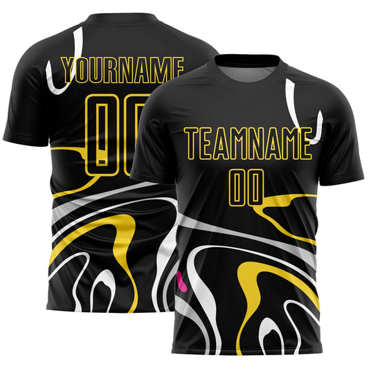 Custom Black Gold Fluid Shapes Sublimation Soccer Uniform Jersey - Sky-Custom