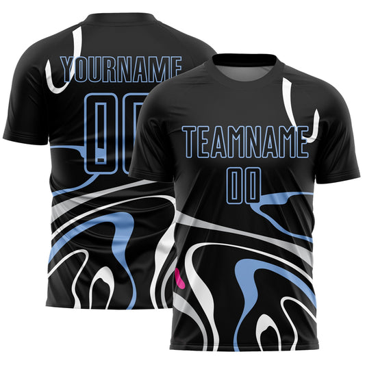 Custom Black Light Blue Fluid Shapes Sublimation Soccer Uniform Jersey - Sky-Custom