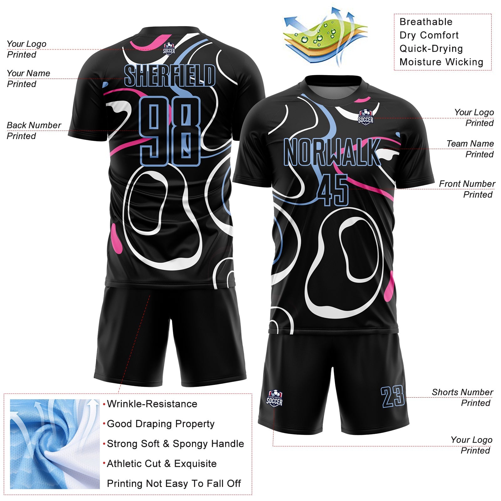 Custom Black Light Blue Fluid Shapes Sublimation Soccer Uniform Jersey - Sky-Custom